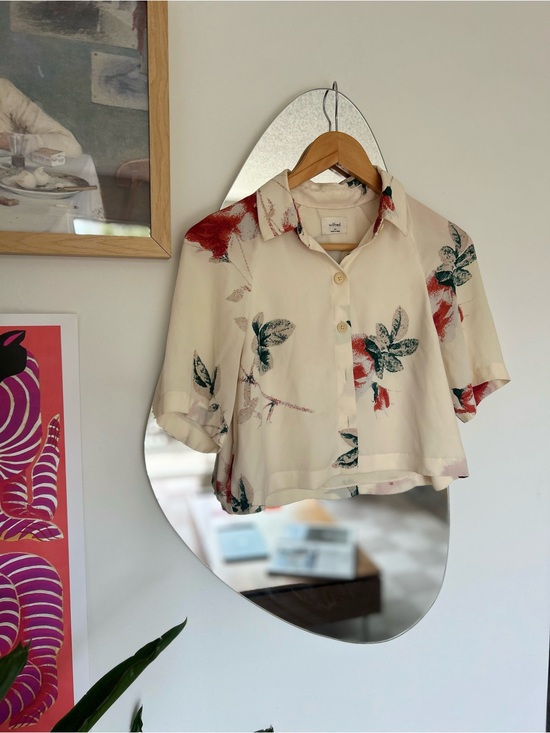 Aritzia Tops - Aritzia Cream Short-Sleeve Button Down Shirt with Red & Green Floral Print